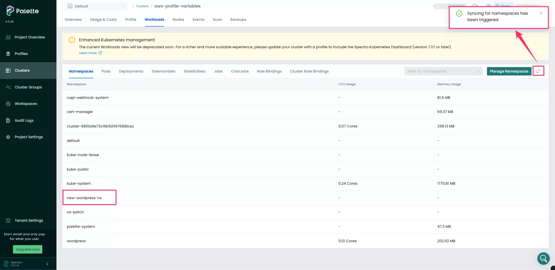 Image that shows new namespace available for WordPress