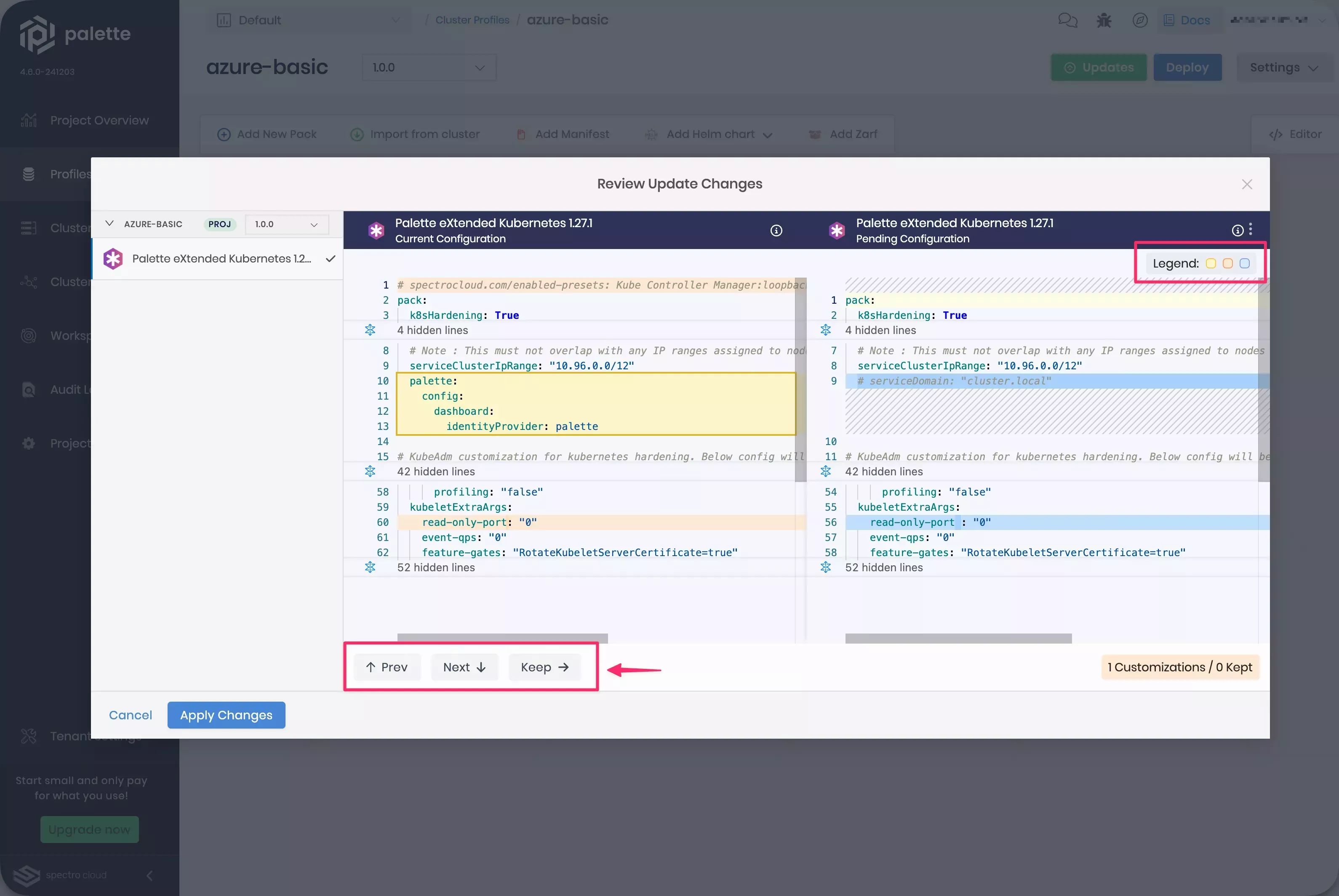Screenshot that shows Palette's pack diff user interface with yellow highlight at left and blue highlight at right